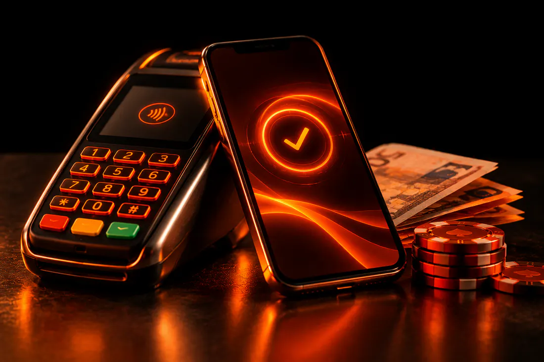 Terminal Multibanco e telemóvel com notas de euro e fichas de casino em tons de brasa, sobre fundo escuro