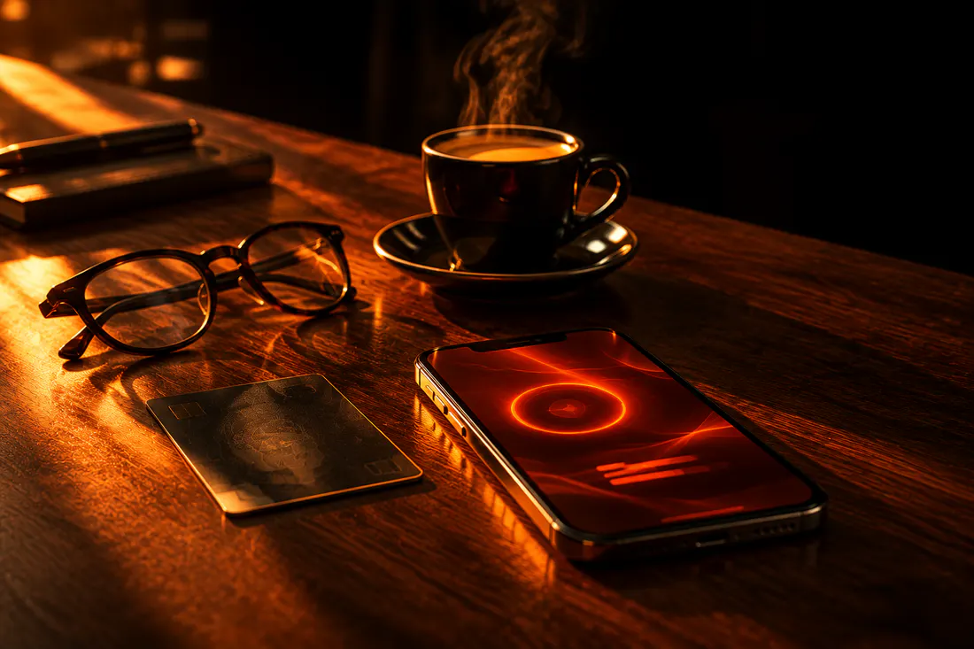 Secretária com um telemóvel, um cartão de cidadão e uma chávena de café, iluminação quente sobre fundo escuro