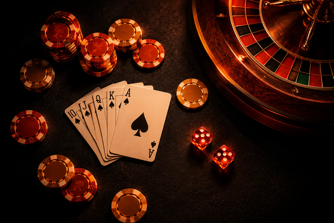 Mesa de casino vista de cima com cartas, fichas e uma roda de roleta iluminada a laranja