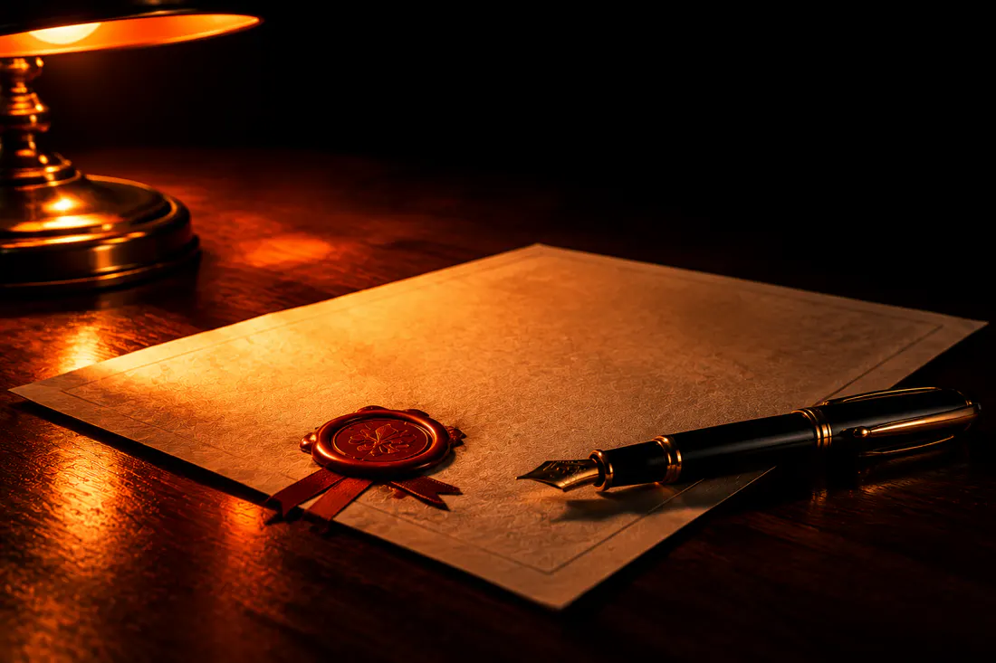 Documento oficial selado sobre uma secretária de madeira escura, iluminado por um candeeiro de luz quente