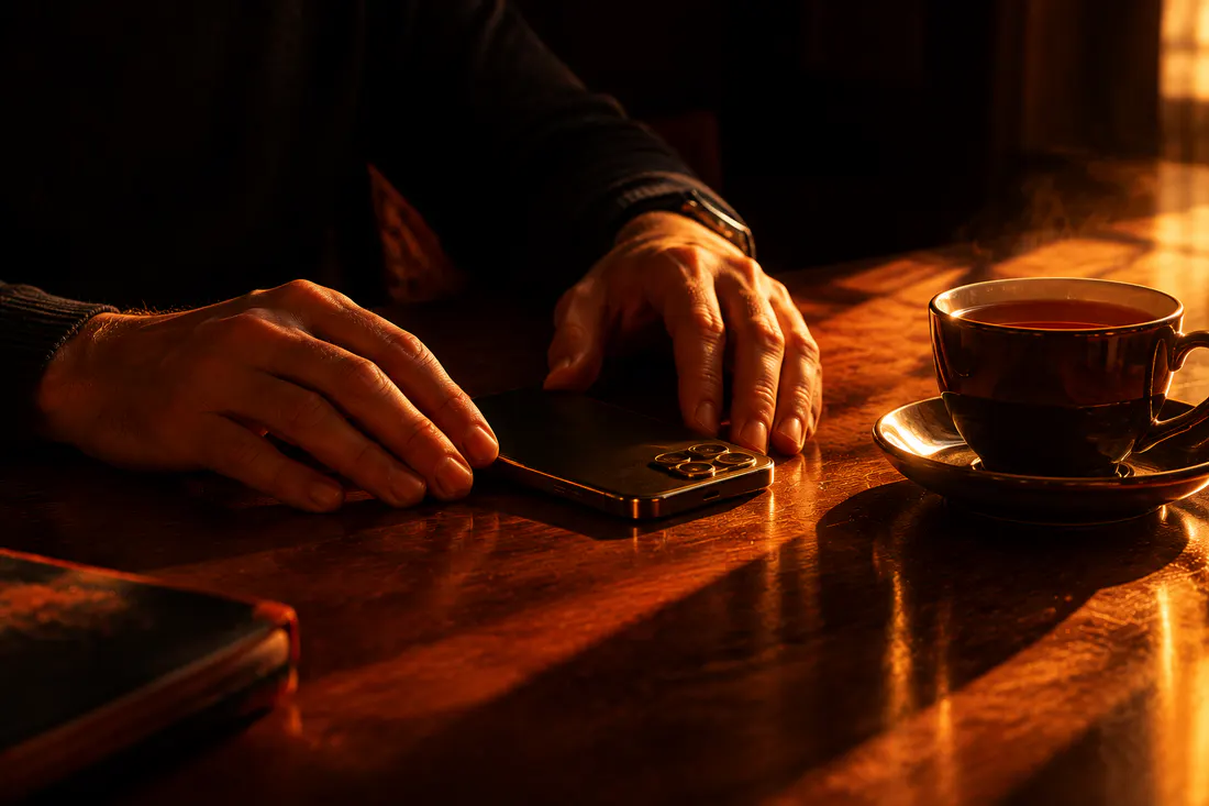 Mãos a pousar um telemóvel sobre uma mesa de madeira ao lado de uma chávena, luz quente de fim de tarde