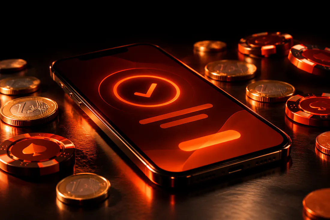 Telemóvel com a aplicação do banco aberta ao lado de fichas de casino em tons de brasa